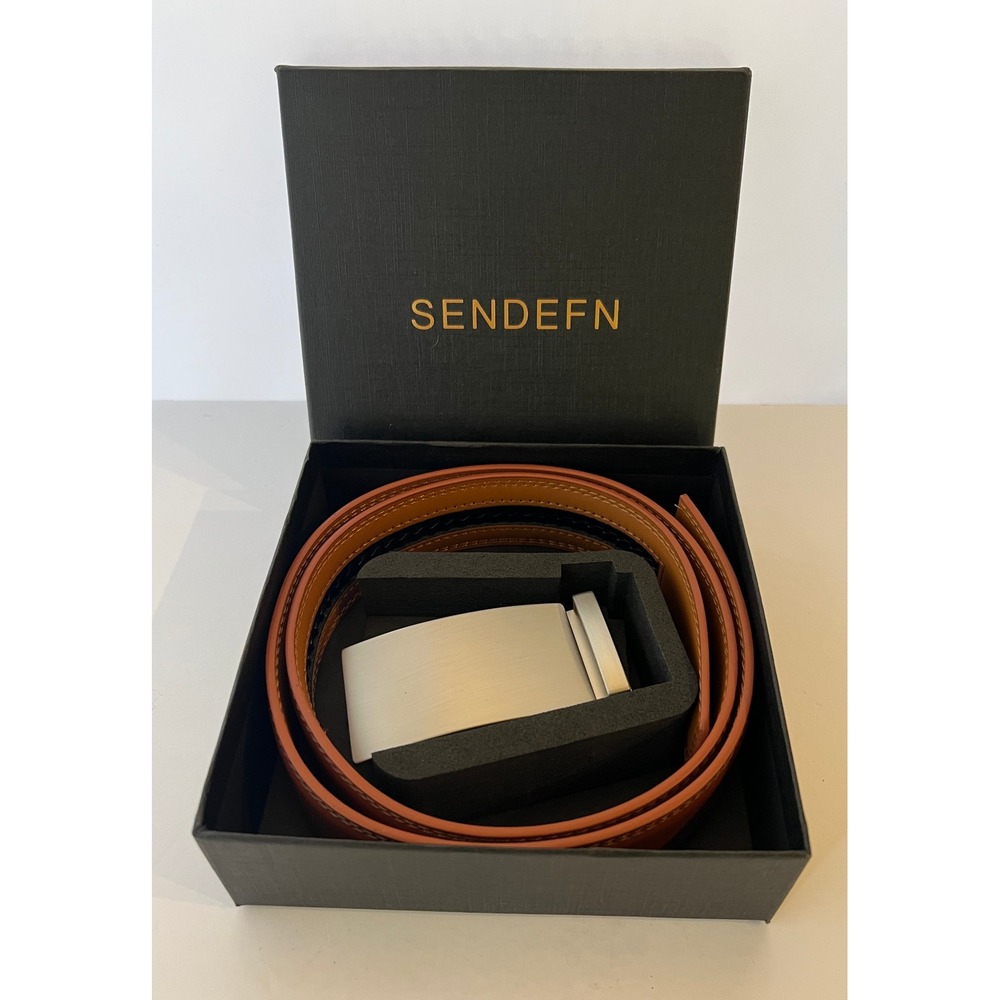 SENDEFN Mens Ratchet Belt Brown Leather Brushed Silver Automatic Slide Buckle